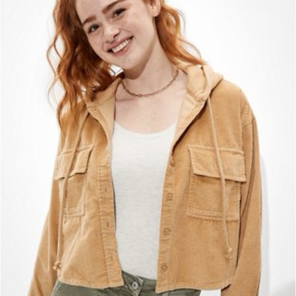 American Eagle waist jacket. Tan color, corduroy material. Comes with hood.
